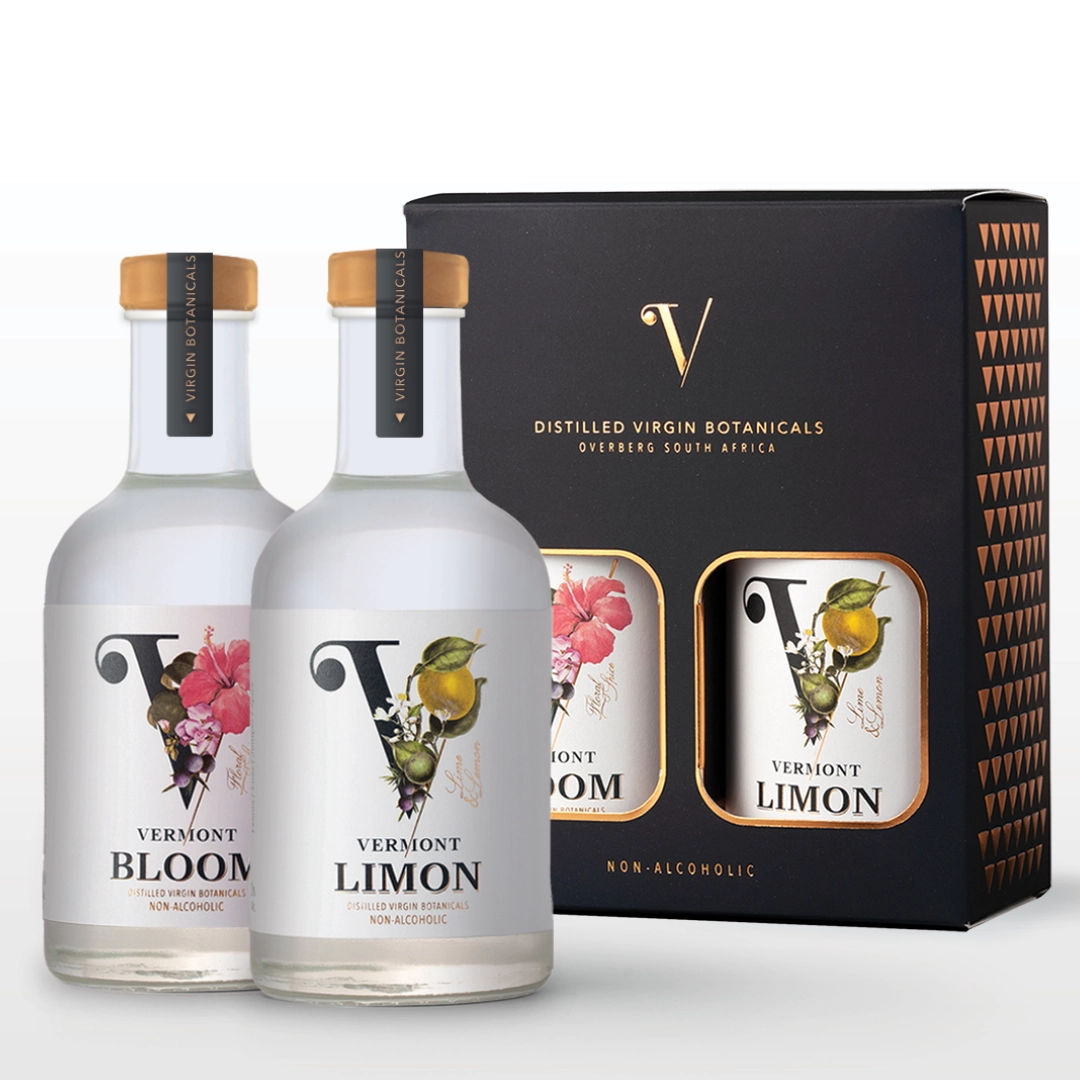 "VerGin Duo Gift Pack – Two Alcohol-Free Spirits in One Perfect Gift" "VerGin Duo Gift Pack with 200ml Bloom and Limón alcohol-free botanical spirits"