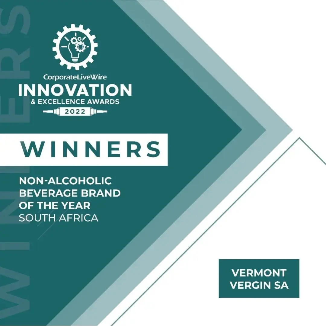 VerGinSA’s 2022 CorporateLiveWire Award for Non-alcoholic Beverage Brand of the Year, featuring a bold blue-green background with white text.