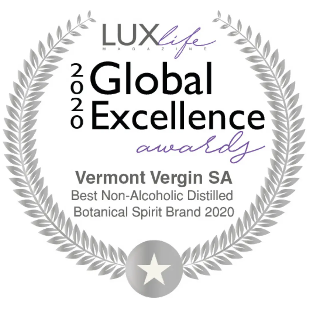 VerGinSA’s 2020 LuxLife Global Excellence Award for Best Non-Alcoholic Distilled Botanical Spirit Brand, with silver feather-like shapes circling the text and a silver star at the base.