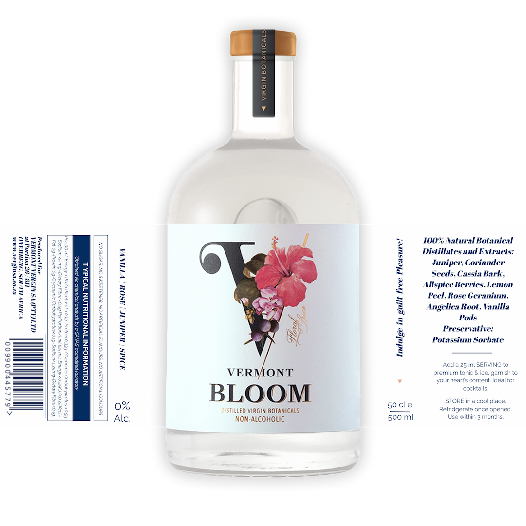 VerGin Bloom – premium alcohol-free gin crafted with floral and citrus botanicals. VerGin Bloom non-alcoholic gin bottle with full label unwrapped, showing premium floral and citrus botanical details.
