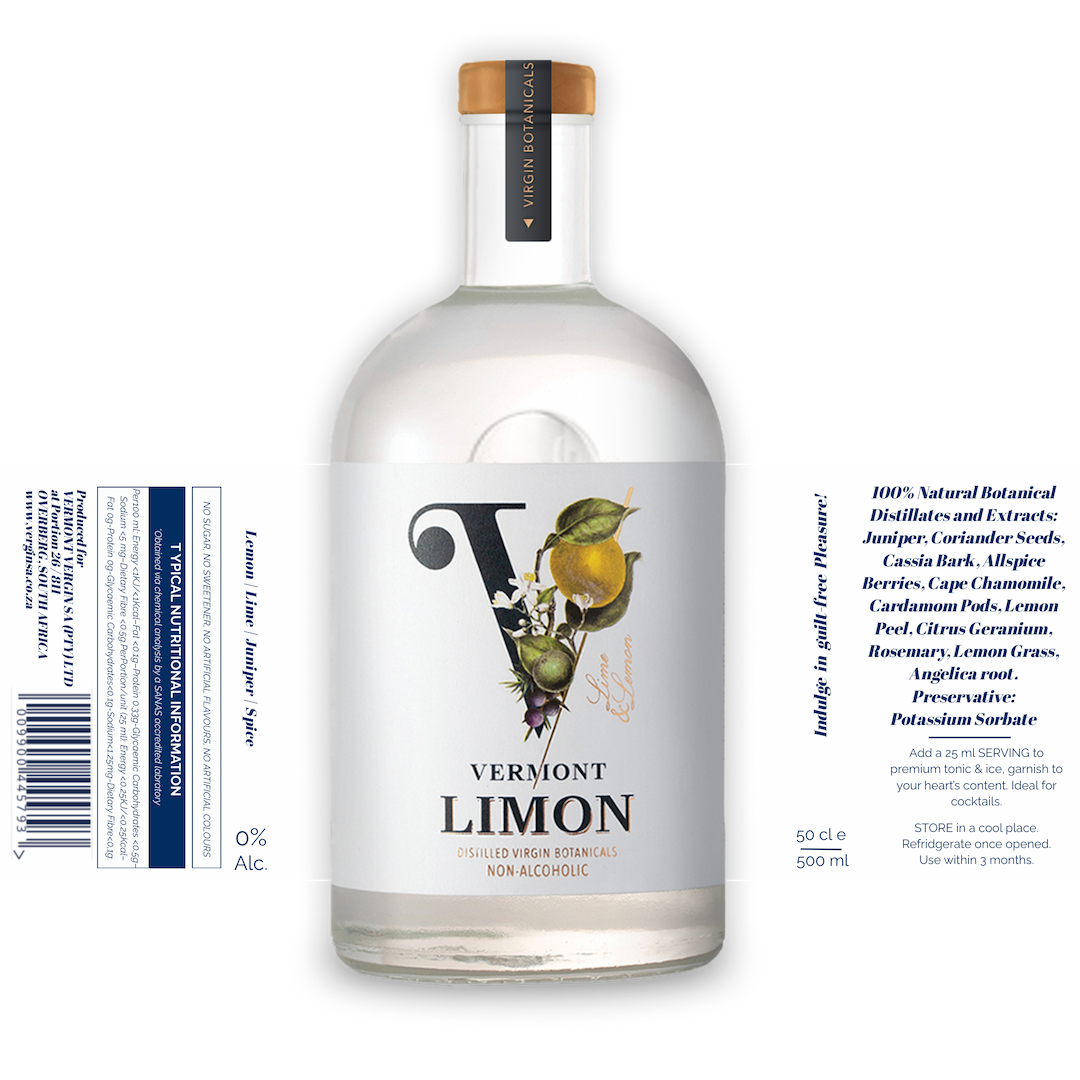 VerGin Limón – premium non-alcoholic gin with fresh lemon botanicals. VerGin Limón non-alcoholic gin bottle with full label unwrapped, highlighting lemon-forward botanicals and premium design.